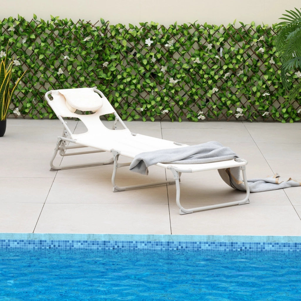 Sedia abbronzante con fori per viso e braccia schienale e poggiapiedi regolabili, Sdraio da spiaggia pieghevole Beige-Poltrone e sdraio