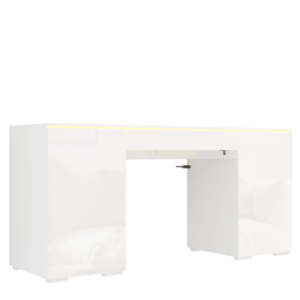 Scrivania moderna lucida 140 x 50 cm con LED, 1 cassetto, 2 ante e ampio spazio contenitivo, bianco