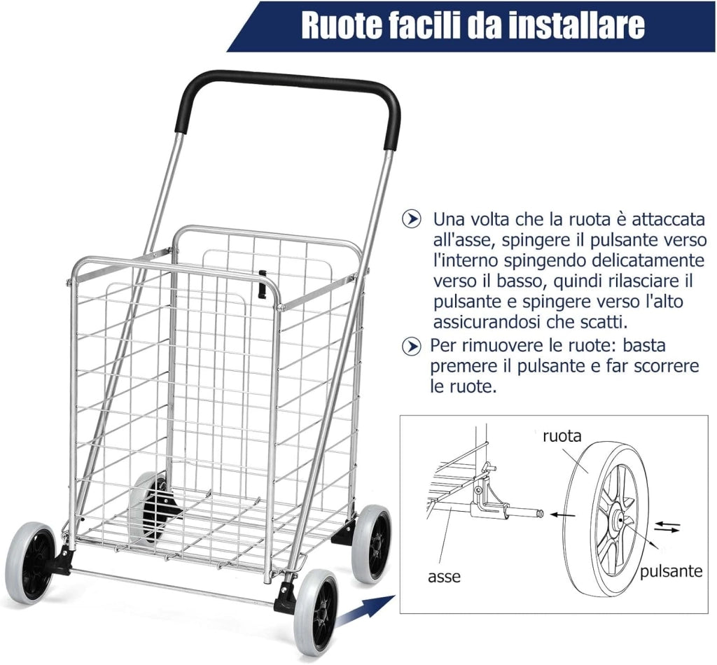 Carrello Portaspesa Pieghevole, Carrello Spesa con Ruote, Capacità di Carico: 45 kg, 83L, 57 x 58 x 91 cm (Argento)
