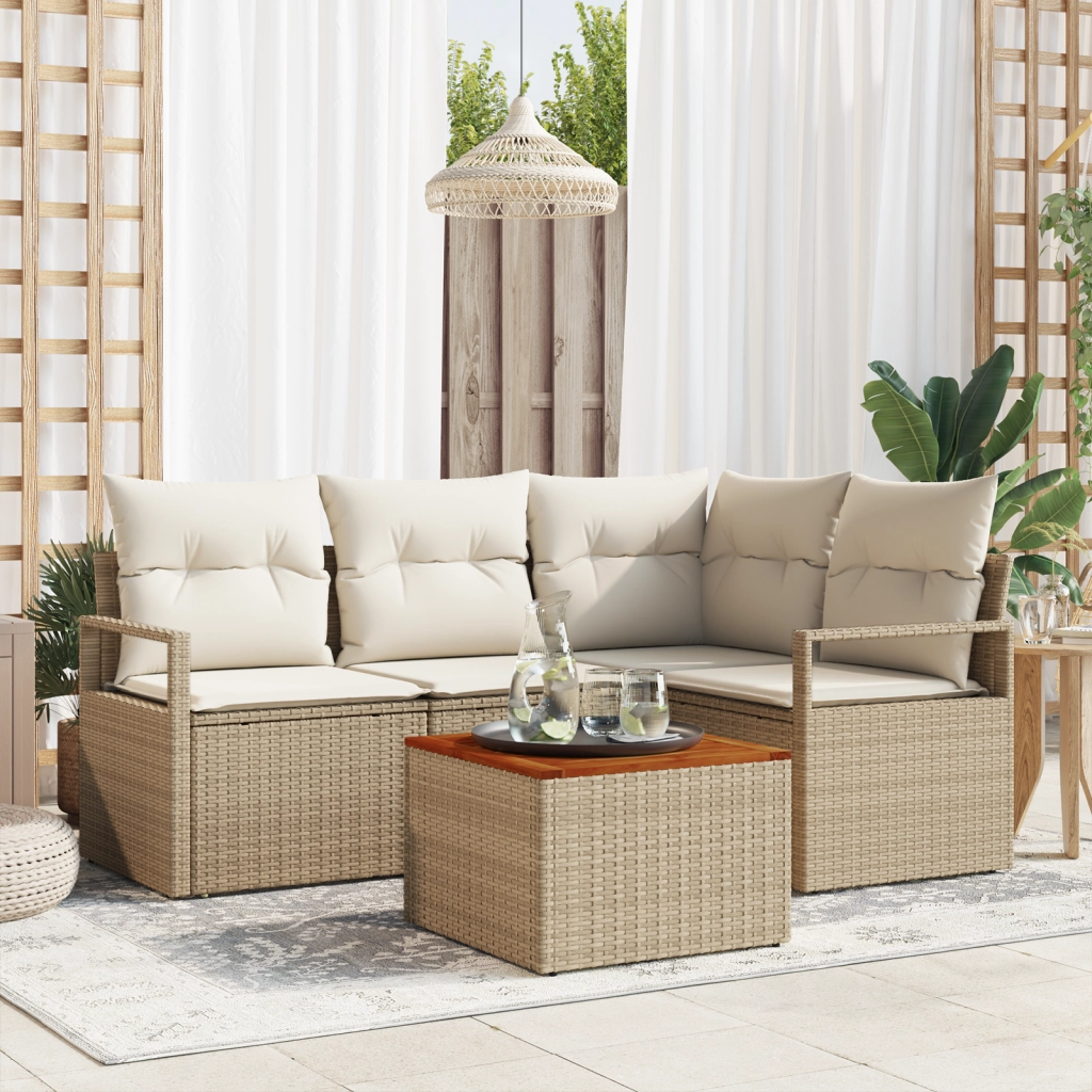 Set Divano da Giardino 5 Pezzi con Cuscini Beige in Rattan Sintetico e Acacia