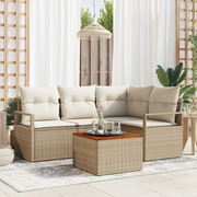 Set Divano da Giardino 5 Pezzi con Cuscini Beige in Rattan Sintetico e Acacia
