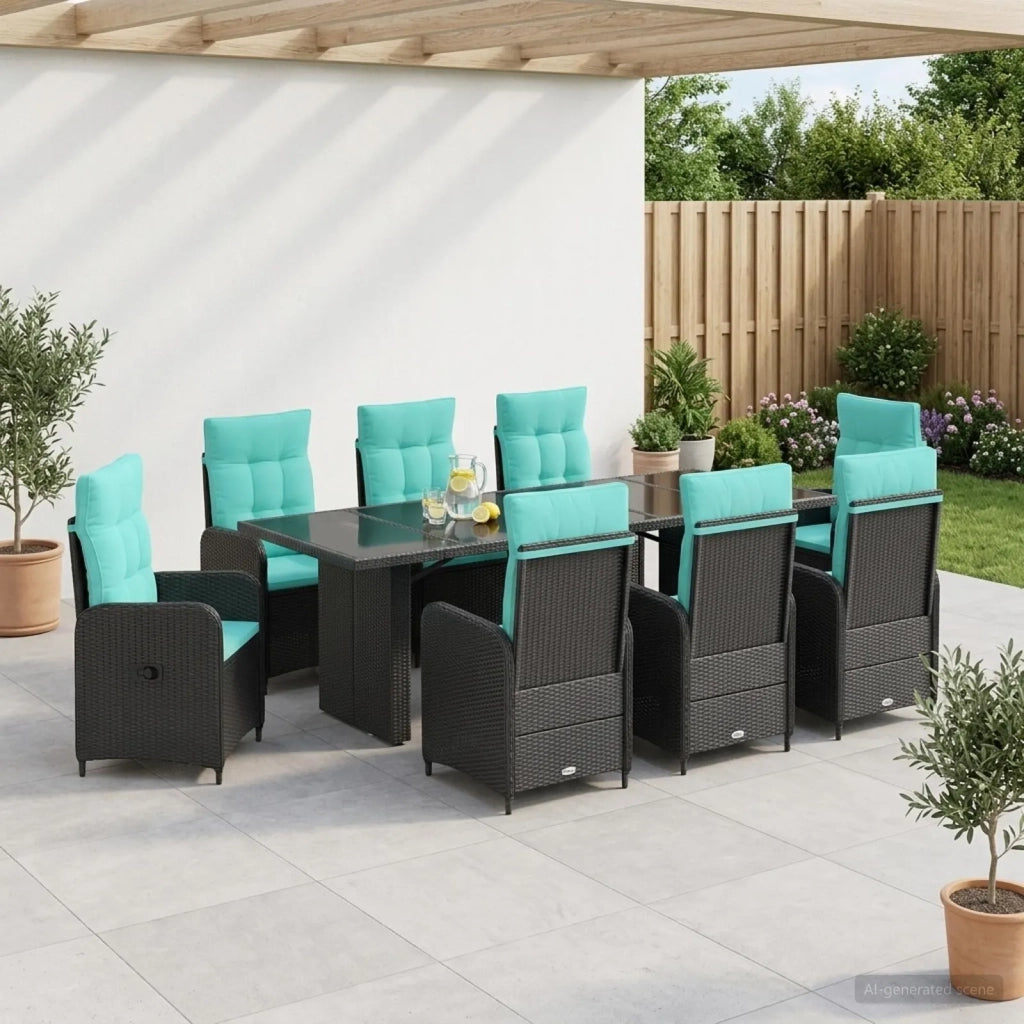 Set da pranzo per esterni 9 pz Nero e Turchese polyrattan 3422386