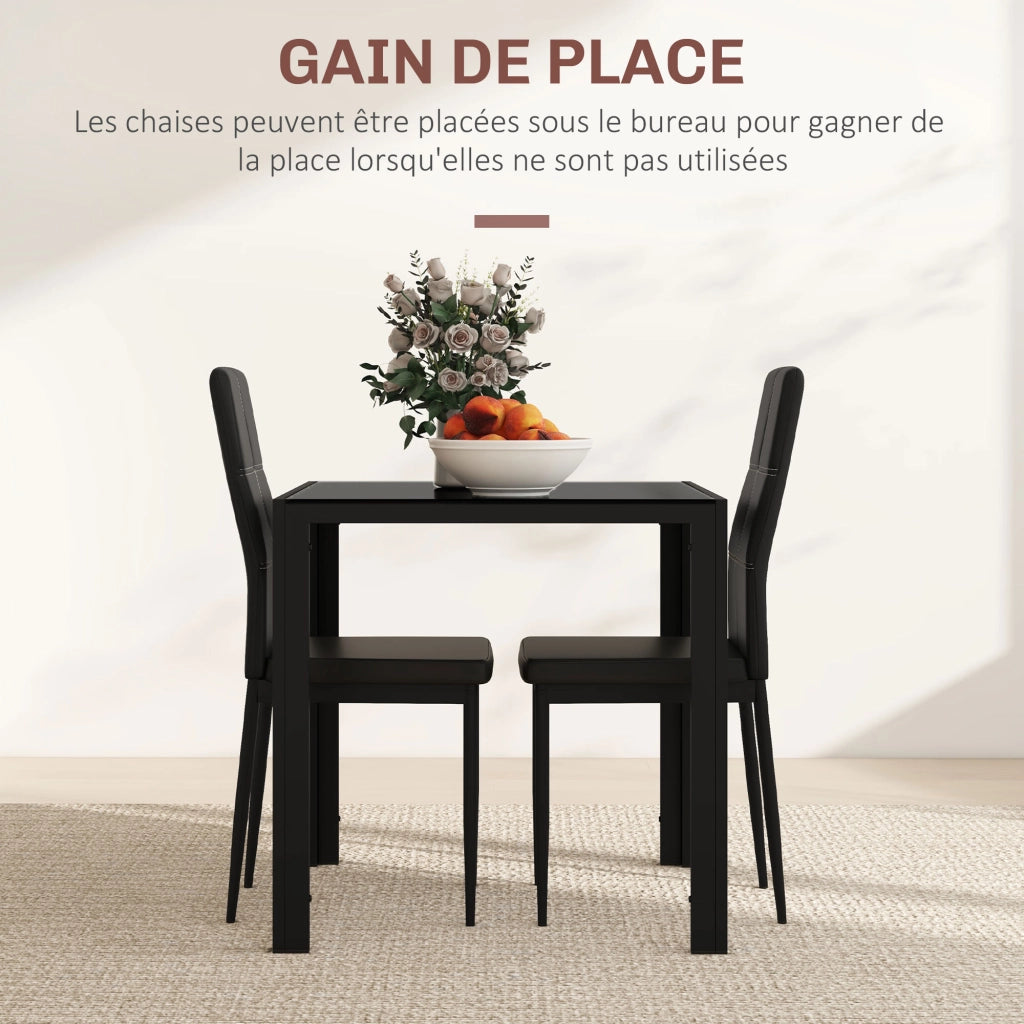 Set tavolo da pranzo con sedie per 2 persone ¨C Xylo ¨C Piano rettangolare in vetro temperato nero