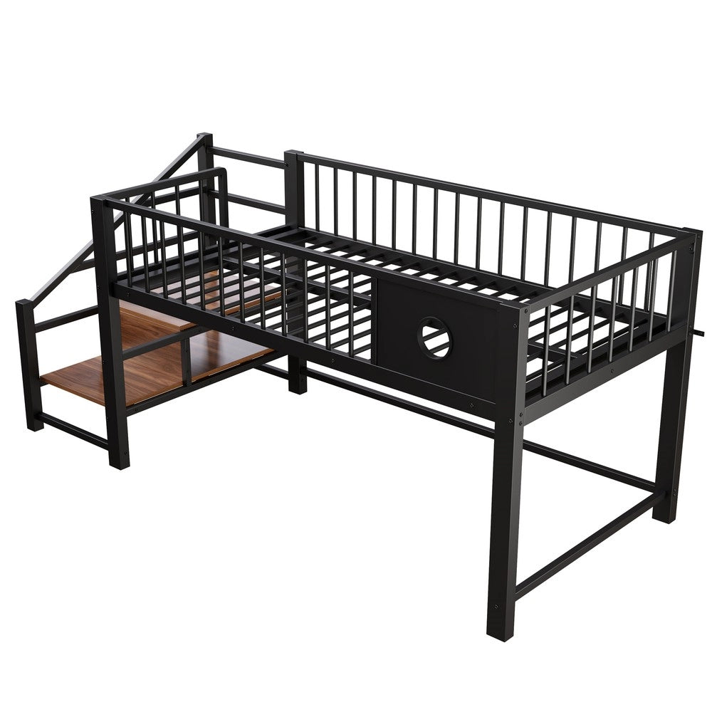 Letto a Soppalco Basso per Bambini con Scala Contenitore ¨C Xylo ¨C Metallo Nero 90x200