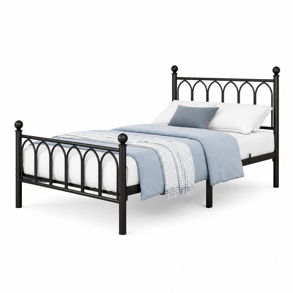 Letto matrimoniale in metallo 120x200 cm con LED, USB, presa, testiera alta, nero