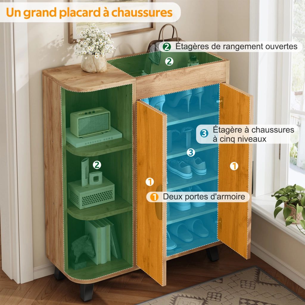Scarpiera con vani aperti e 2 ante, ripiano superiore, per ingresso e corridoio, in truciolare, naturale, 80 × 32 × 99 cm