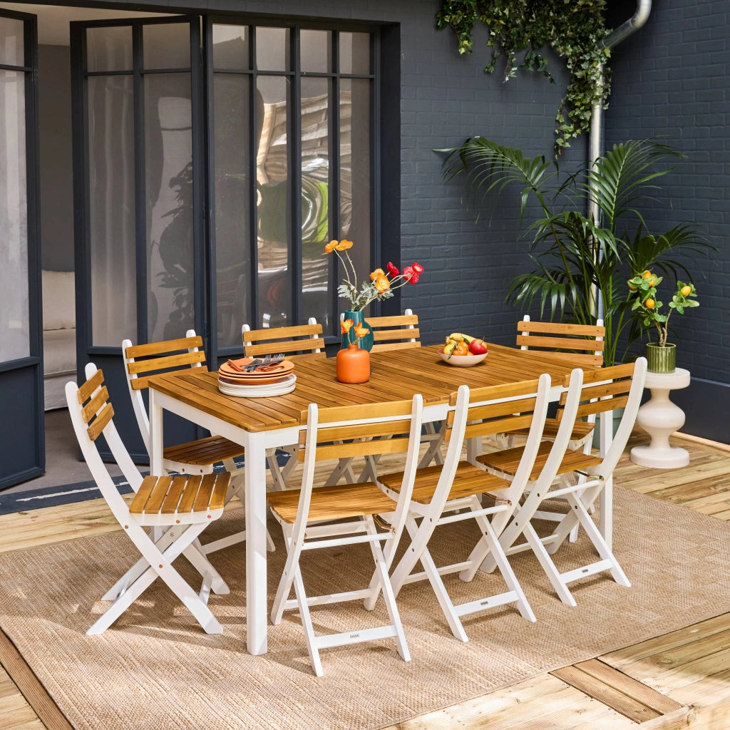 Set tavolo da giardino in acacia con angoli arrotondati con 8 sedie,
