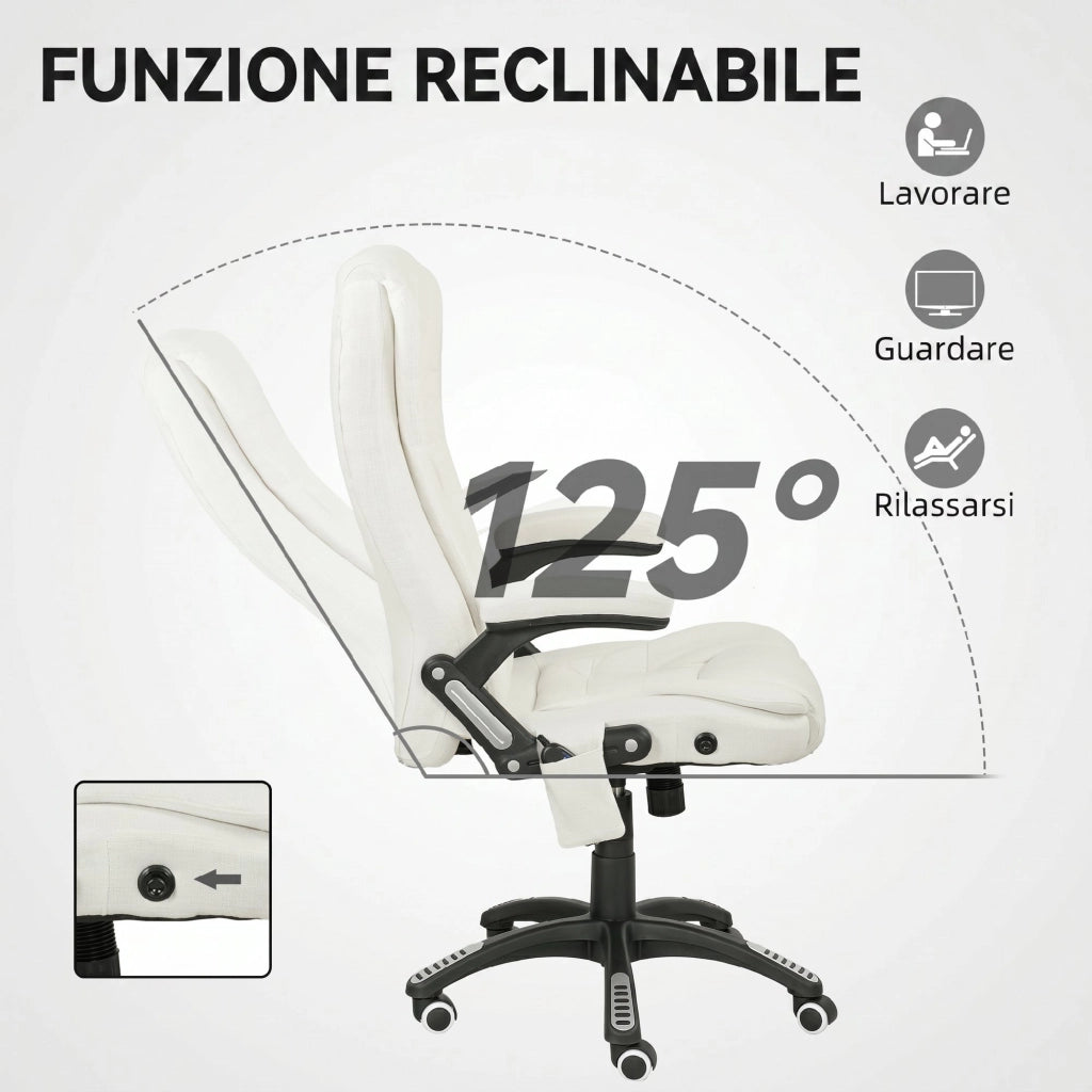 Sedia da Ufficio 68x72x110-120 cm Reclinabile Massaggiante Telecomando in Tessuto Effetto Lino Crema