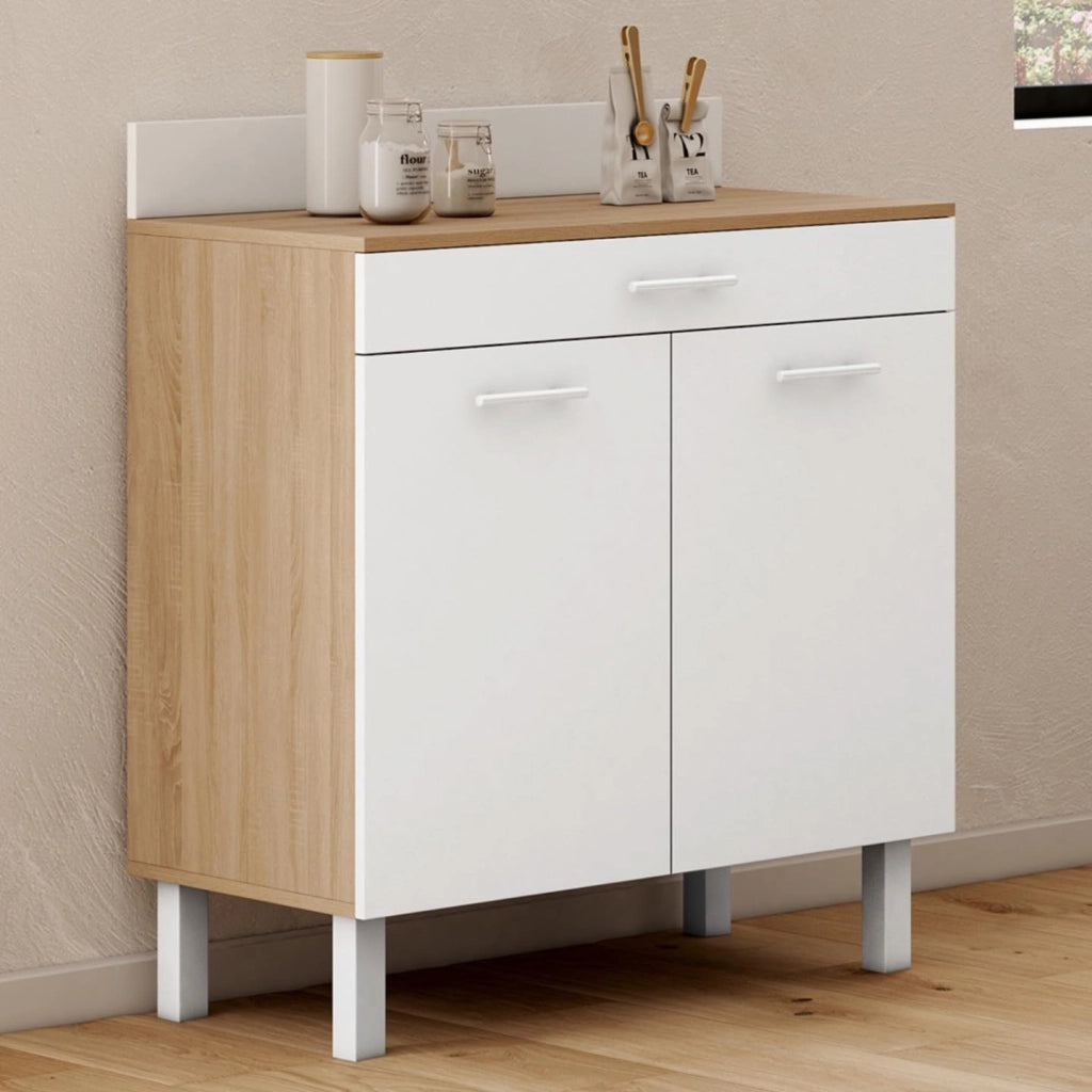 Cassettiera bassa CINA 80 cm con piano di lavoro H.83 cm, 2 ante + cassetto, finitura faggio e bianco