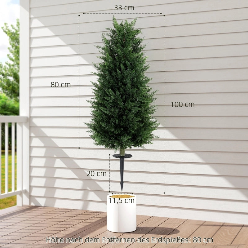 Cipressi artificiali, set da 2 con paletto di fissaggio, 100 cm, pianta artificiale in plastica, piante artificiali, albero artificiale, decorazione