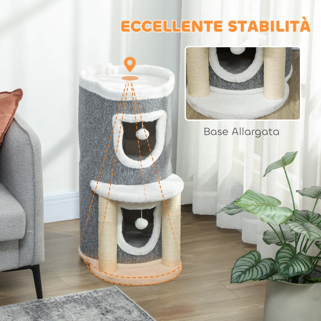 Albero Tiragraffi per Gatti Alto 76 cm con Casette Lettino Palline e Pali in Sisal Grigio
