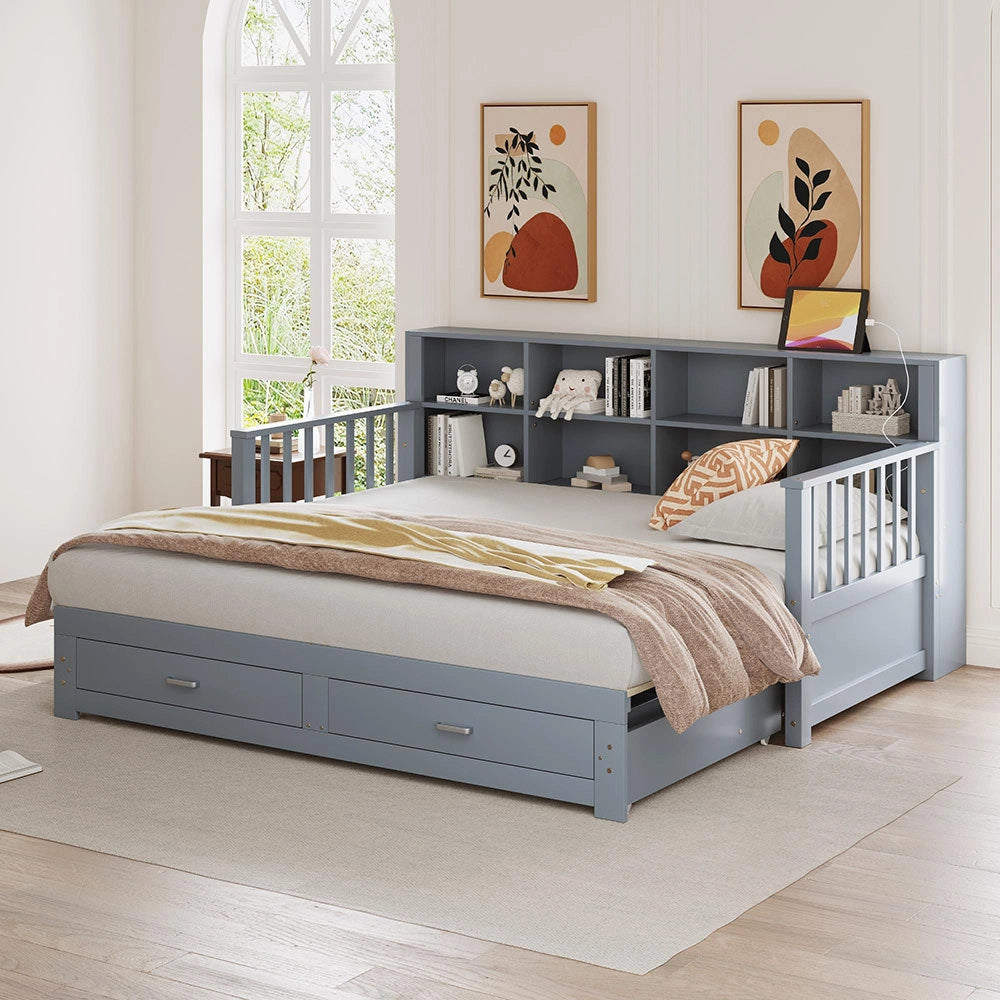 Divano letto estensibile 90/180x190cm - Xylo - grigio, 2 cassetti, doghe