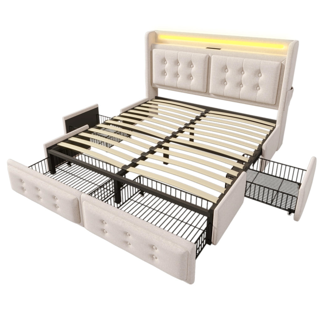 OKWISH Letto con Cassetti Letto Matrimoniale 160×200 cm con LED Regolabile, USB, Tipo-C e Mensole, senza Materasso, in Tessuto Beige