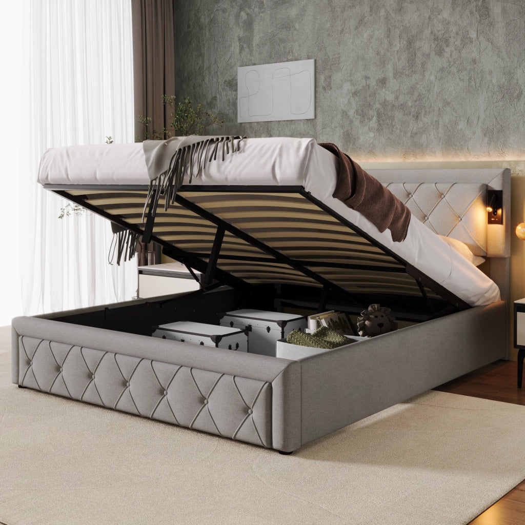 Letto imbottito matrimoniale 160x200 con luci laterali, porte USB, contenitore e rete a doghe in legno, grigio