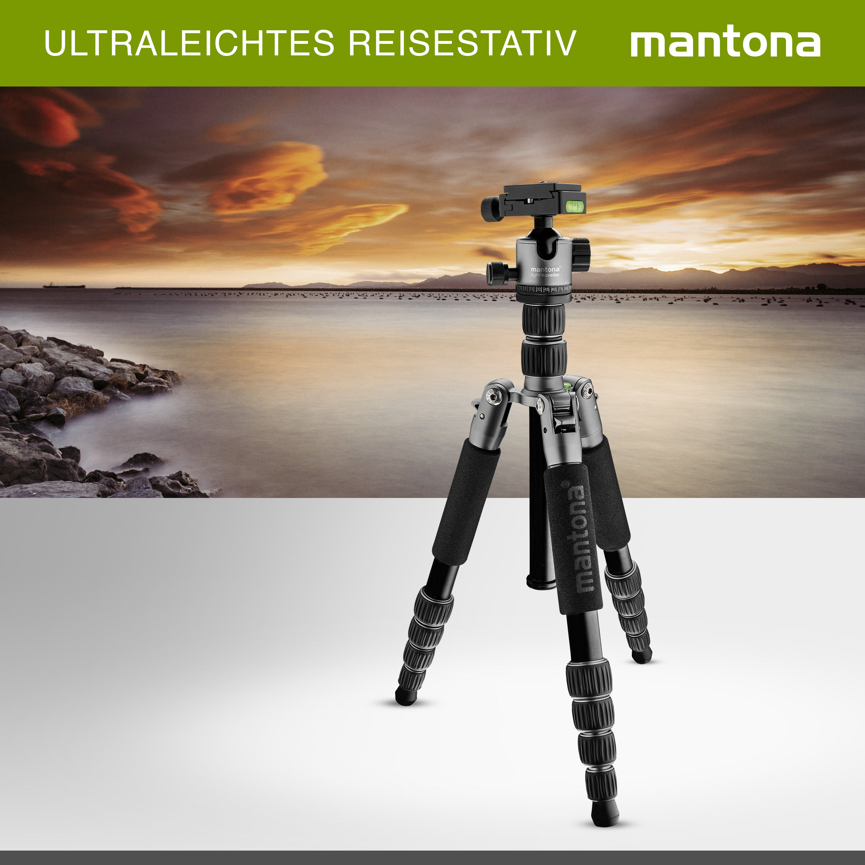 mantona treppiede da viaggio Light Traveller, robusto treppiede in alluminio per fotocamere leggere, testa a sfera + piastra intercambiabile (compatibile con Arca Swiss)