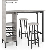 Set 3 Pezzi Tavolo e Sedie da Bar, Tavolo e Sgabelli da Pub Industriale con Porta Calici e 6 Portabottiglie da Vino, Set di Tavolo per Sala da Pranzo, Ristorante e Bar (Grigio)