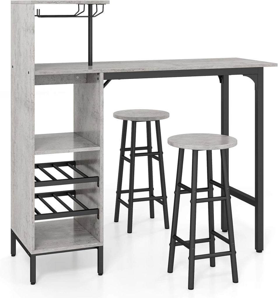 Set 3 Pezzi Tavolo e Sedie da Bar, Tavolo e Sgabelli da Pub Industriale con Porta Calici e 6 Portabottiglie da Vino, Set di Tavolo per Sala da Pranzo, Ristorante e Bar (Grigio)