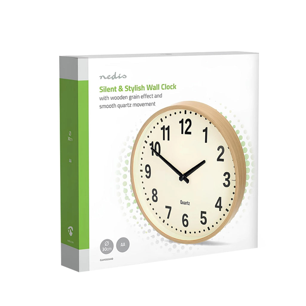 Orologio da Parete Silenzioso 30 cm Effetto Legno Grandi Numeri Facile da Leggere Beige Nedis