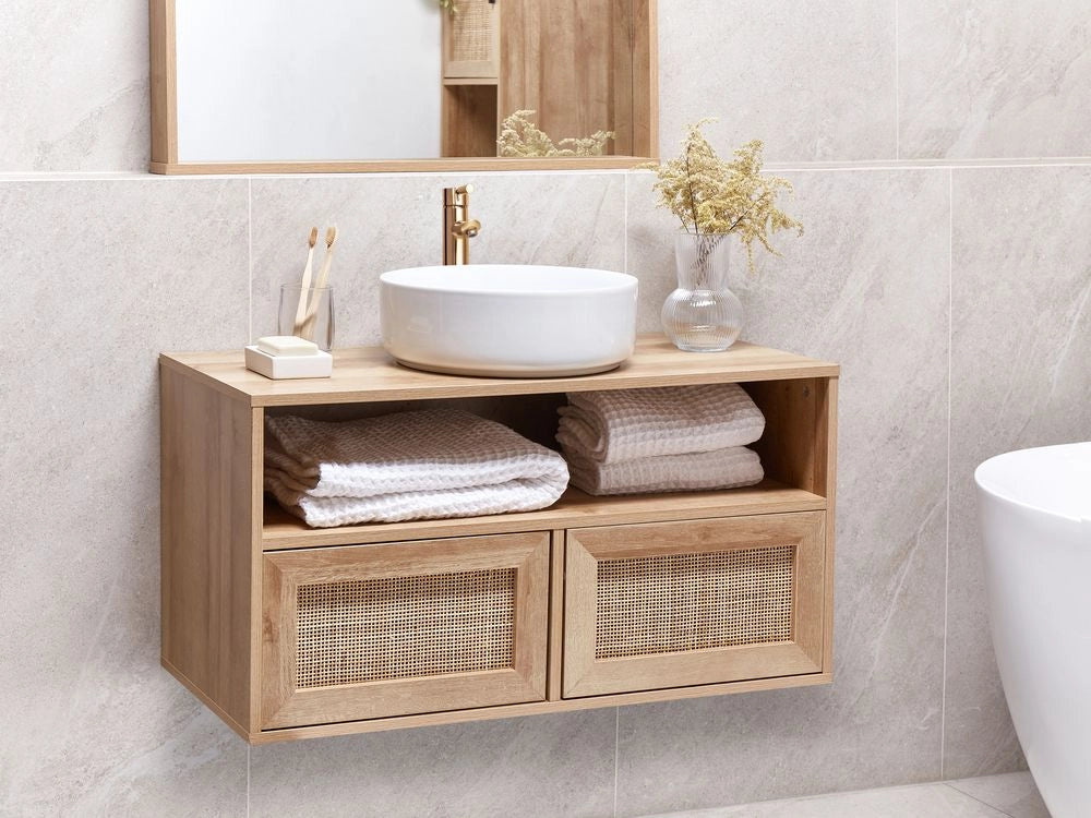 Armadietto da bagno in legno chiaro in particelle di legno Rattan frontale appeso a parete Treccia 86 x 45 cm Boho Design