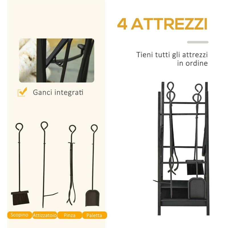 PORTALEGNA DA INTERNO ED ESTERNO IN METALLO CON PALETTA, SCOPA, ATTIZZATOIO E PINZA NERO