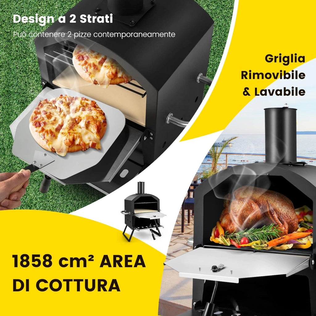 Forno per Pizza da Esterno, Forno a Legna per Pizza con Gambe Pieghevoli, 2 Strati, Pietra per pizza, Pala per Pizza, Copertura Impermeabile, per Picnic, Festa e Campeggio (Modello 6)