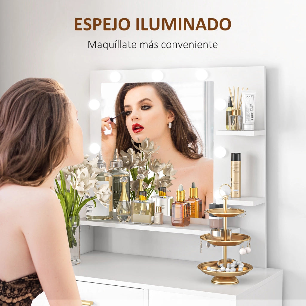 Cassettiera da trucco con specchio LED e sgabello ¨C zephmum ¨C bianco 60x40x