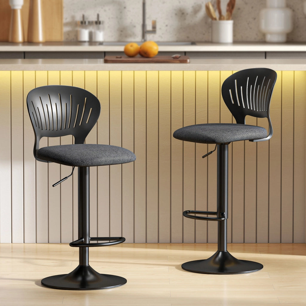 Set 2 Sgabelli da Bar 40,5x43x84-105 cm in Tessuto Effetto Lino e Metallo con Poggiapiedi Nero