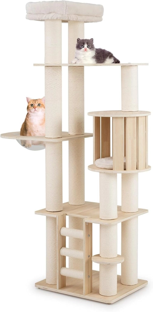 Albero per Gatti Alto 185 cm. Tiragraffi per Gatti in Plywood Solido con Condo, Posto d’Osservazione, Capsula Spaziale, Posti per Graffiare, Scala a 3 Gradini, Mobili per Animali da Interno