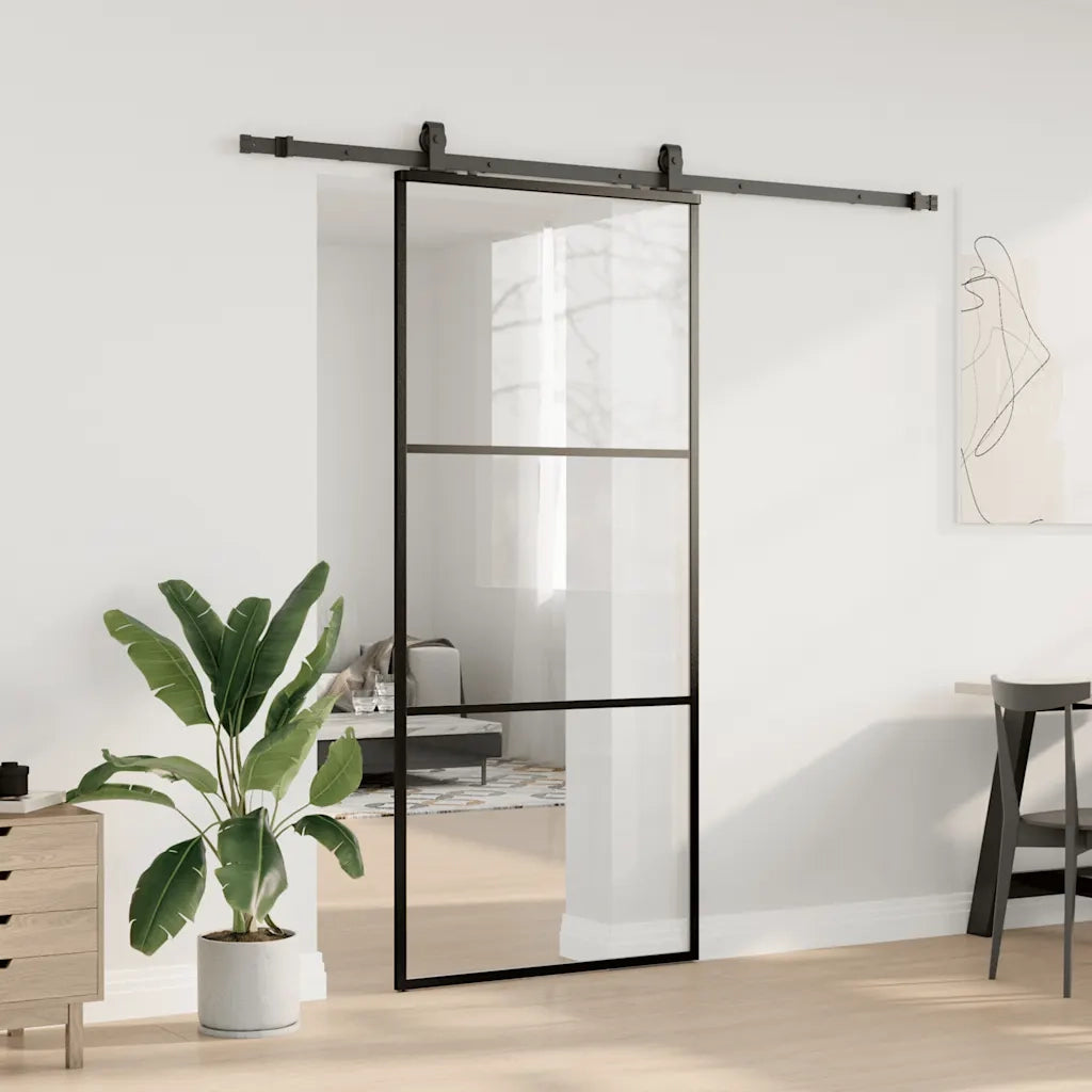 Porta Scorrevole con Ferramenta Nera 90x205 cm in Vetro ESG