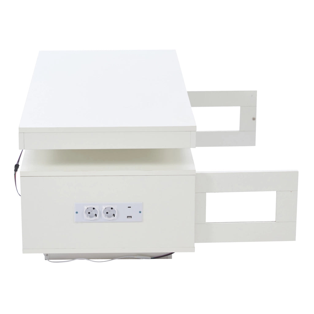 Tavolino da caff猫 100x50x43 cm; luci LED da app e prese USB; 2 armadi e 2 vani; truciolare bianco