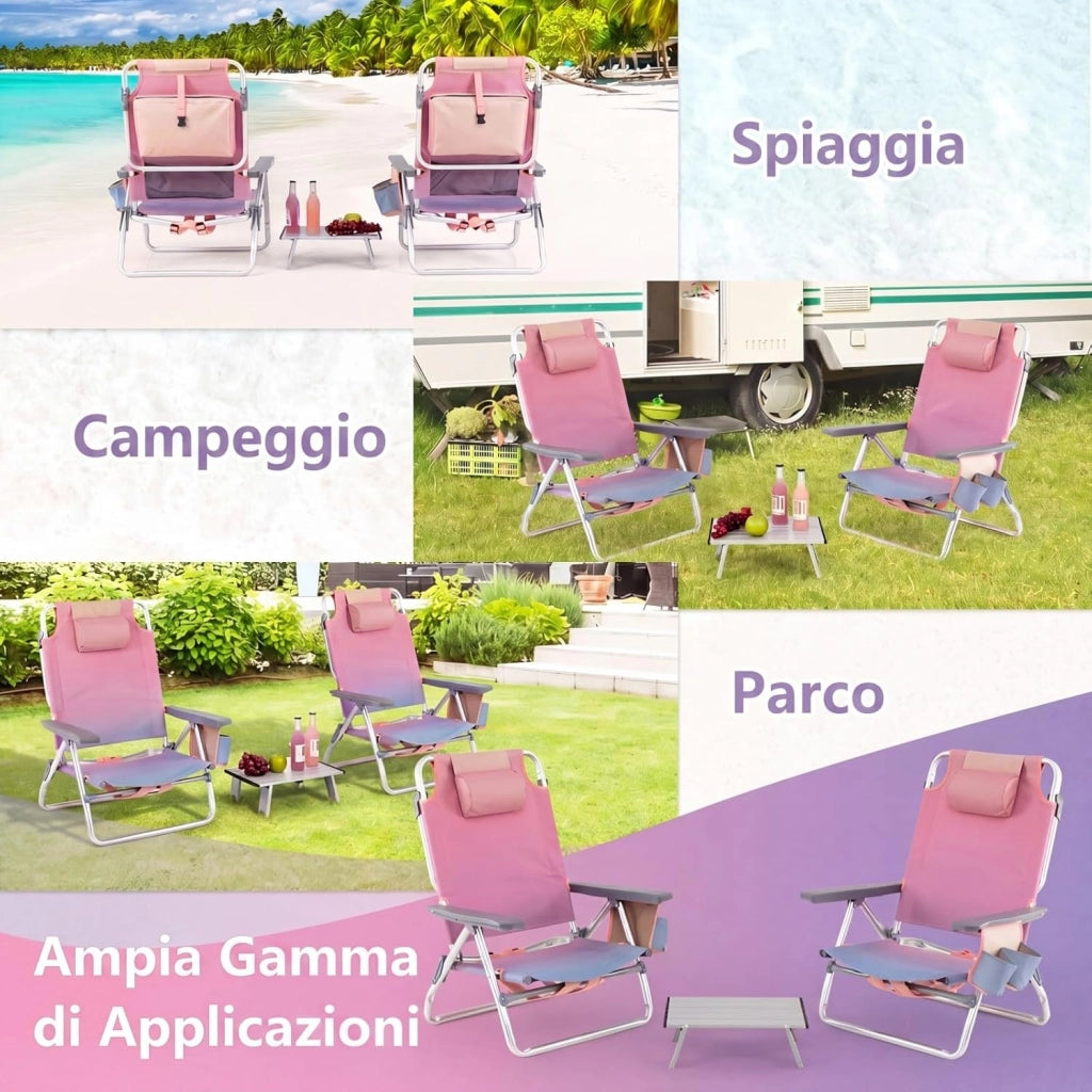 Set di 2 Sedie e Tavolino da Spiaggia Pieghevole, Schienale Regolabile a 5 Livelli, con Portatesta, Borsa Portaoggetti, Borsa Termica, per Campeggio Picnic Esterno (Rosa Chiaro, Modello 2)