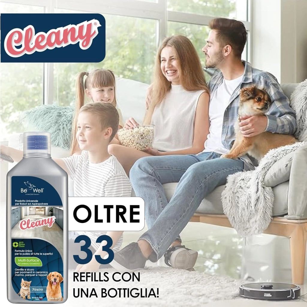 CLEANY Detergente Concentrato per Robot Lavapavimenti e Aspirazione con Igienizzante Multisurface 1000ml pulizia senza aloni e sostenibile Adatto a tutti i Robot (SENZA PROFUMO)