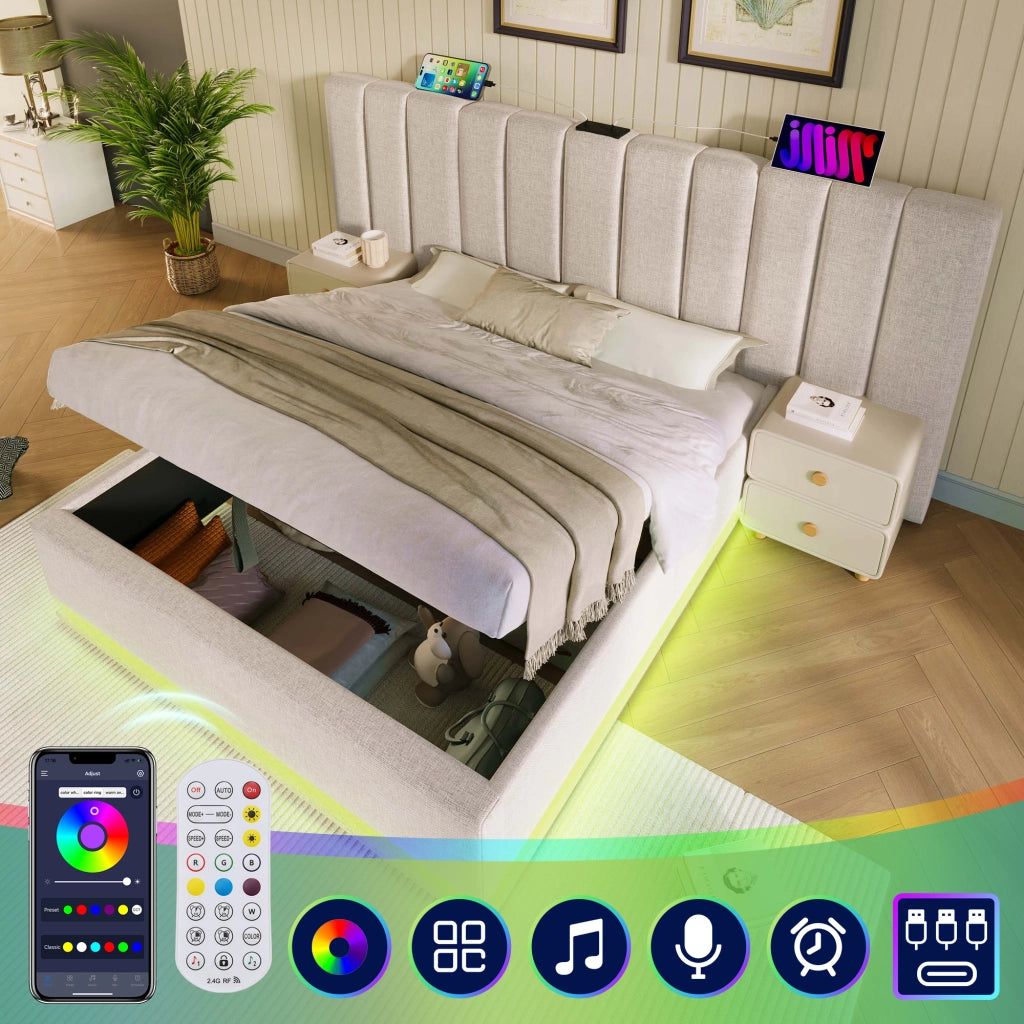 LETTO Contenitore 160x200 cm in Lino Beige con LED e ricarica USB
