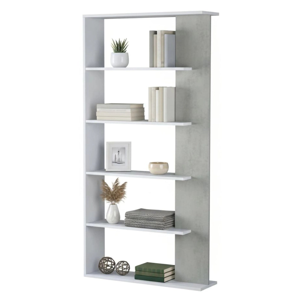 Libreria Eolo, Mobile portalibri bifacciale a 5 ripiani, Scaffale divisorio da ufficio o cameretta, cm 90x25h180, Bianco e Cemento