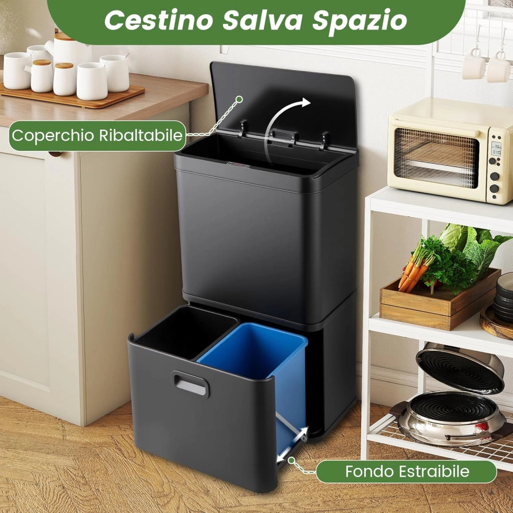 56L Pattumiera Differenziata, Pattumiera in Acciaio Inossidabile a 3 Scomparti con Coperchi, Sensore di Movimento, Coperchio a Chiusura Lenta per Cucina Soggiorno Ufficio (Nero)