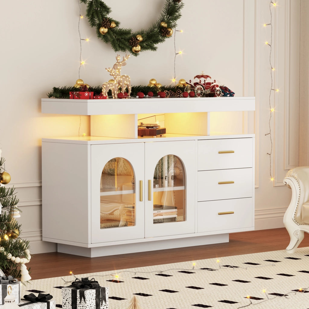 Credenza con 3 cassetti; vani aperti e LED RGB per soggiorno; 120 x 40 x 80 cm; bianco
