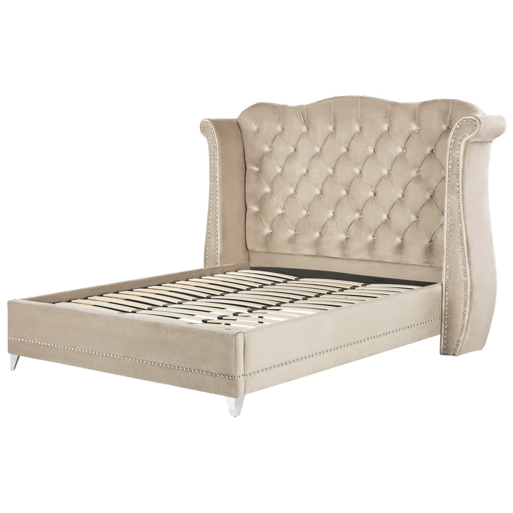 Letto in velluto color beige 180 x 200 cm testiera alta decorata con bottoncini stile retrò e tradizionale