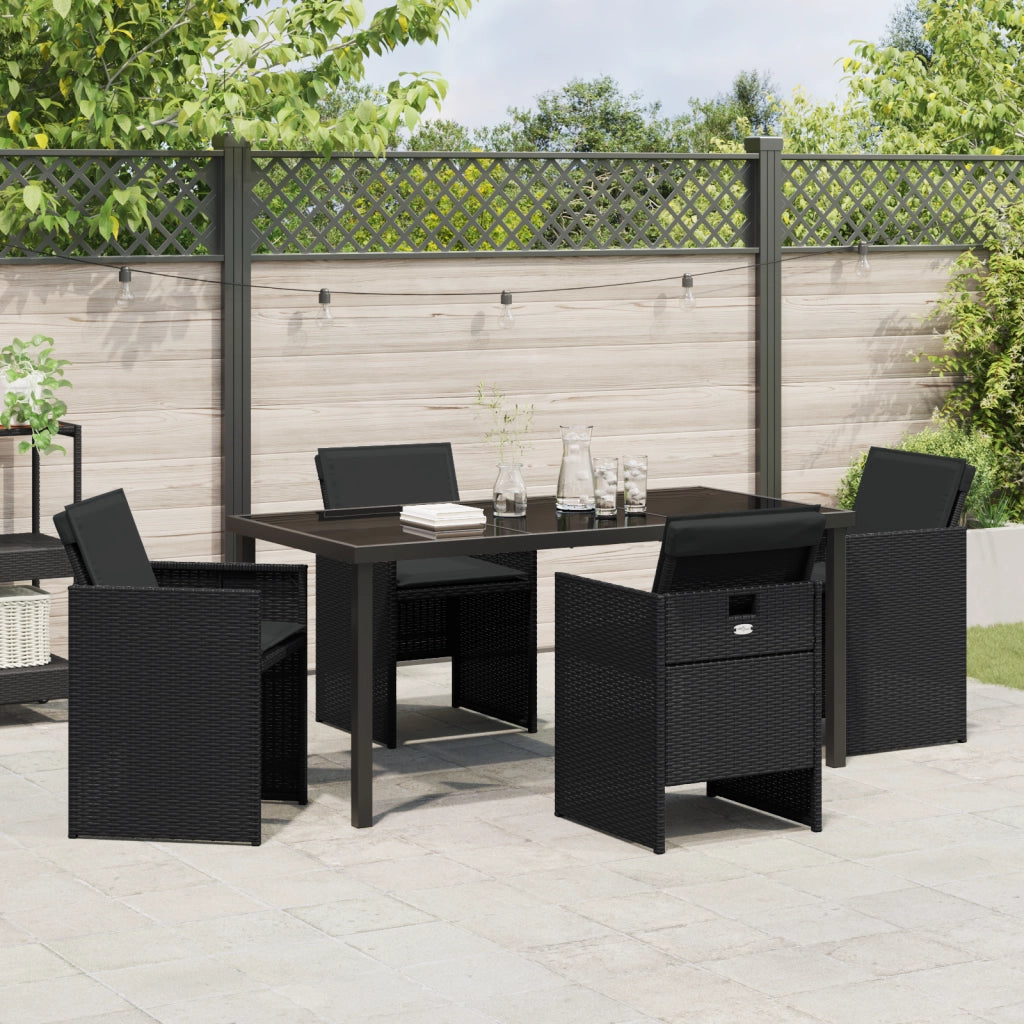 Set da Pranzo da Giardino da 5 Pezzi con Cuscini Rattan Poliestere Nero