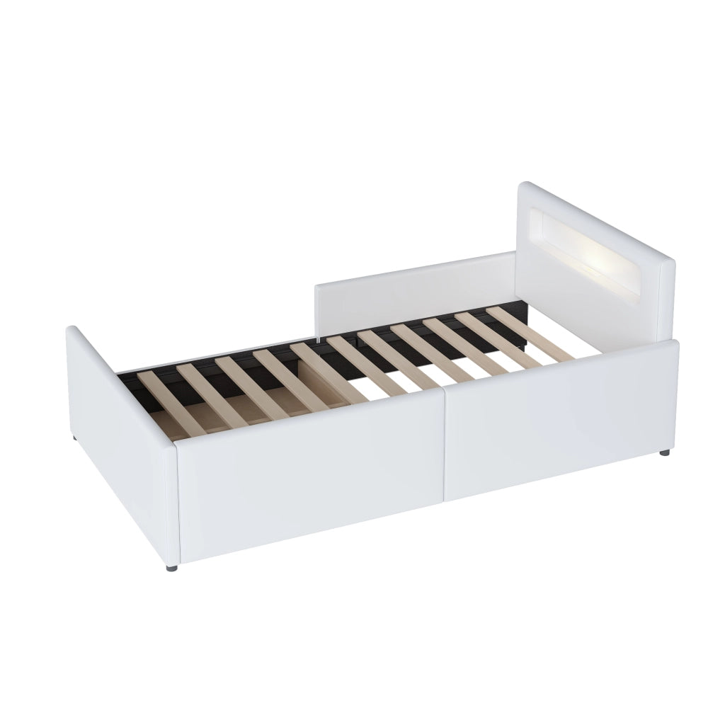 Letto imbottito per bambini 90x200 cm con luce notturna; cassetto e presa USB; ecopelle bianca
