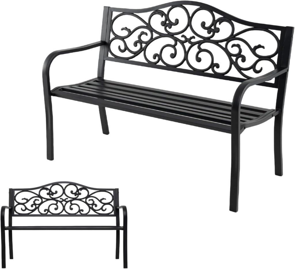 Panca da giardino a 2 posti, panca da parco in metallo, sedia da parco con schienale reclinabile, carico di 300 kg, per balcone, terrazza, nero, 128 x 62 x 89 cm, motivo: ali di vite