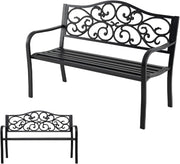 Panca da giardino a 2 posti, panca da parco in metallo, sedia da parco con schienale reclinabile, carico di 300 kg, per balcone, terrazza, nero, 128 x 62 x 89 cm, motivo: ali di vite