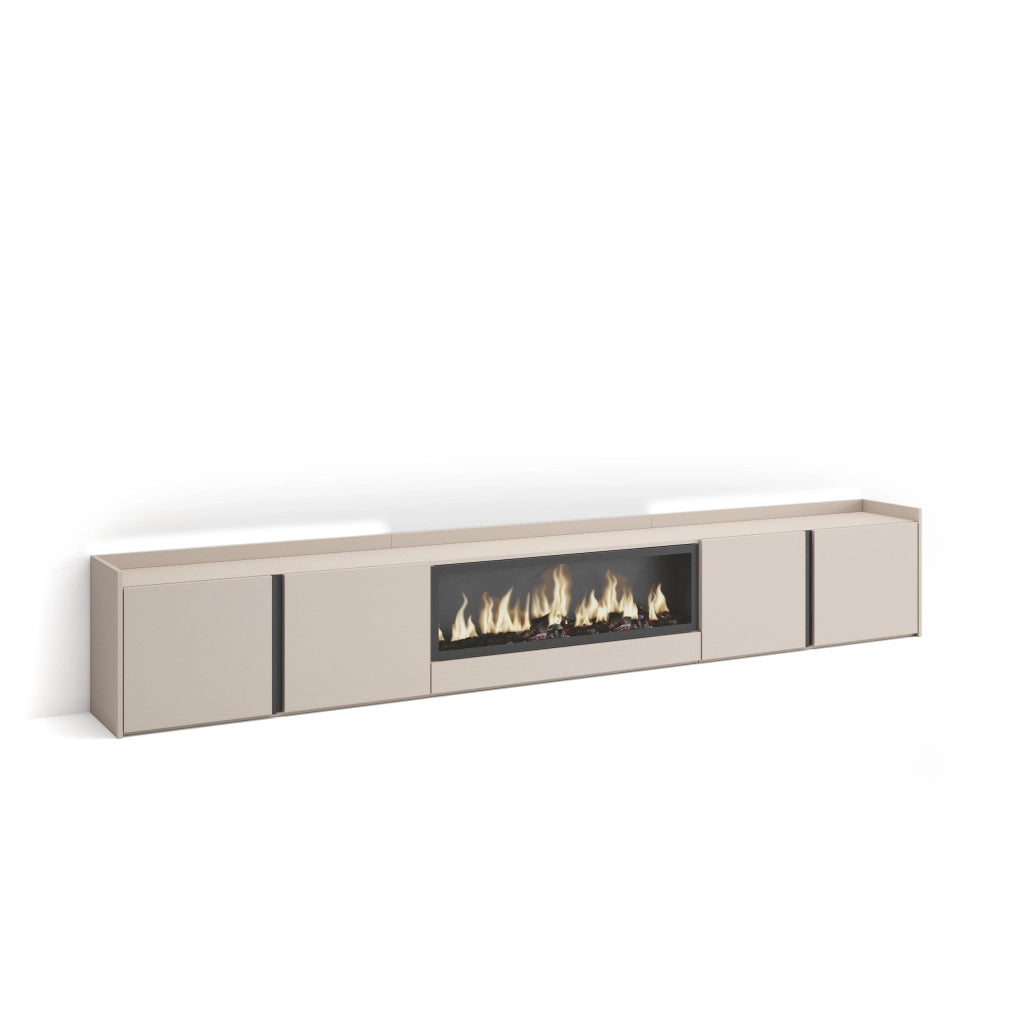 Mobile TV Soggiorno, 315x50x35 cm, Per TV fino a 80", Camino elettrico XXL, LED, Beige