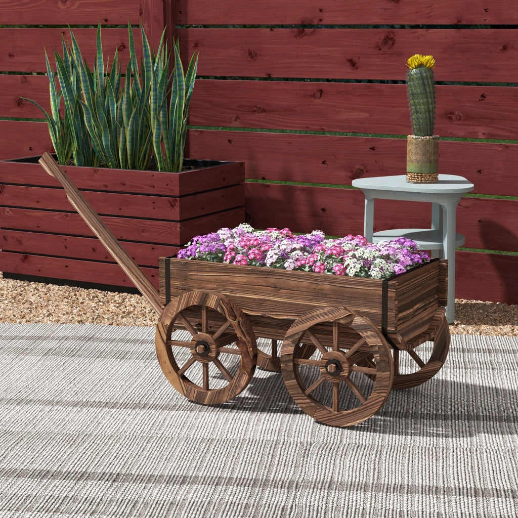 Carrello portafiori in legno con manico, fioriera da esterno con ruote, 34 L, marrone