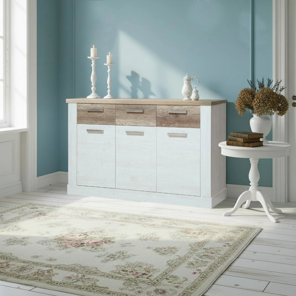 Madia Flux 3 ante e 3 cassetti 140 cm pino bianco con top rovere antico
