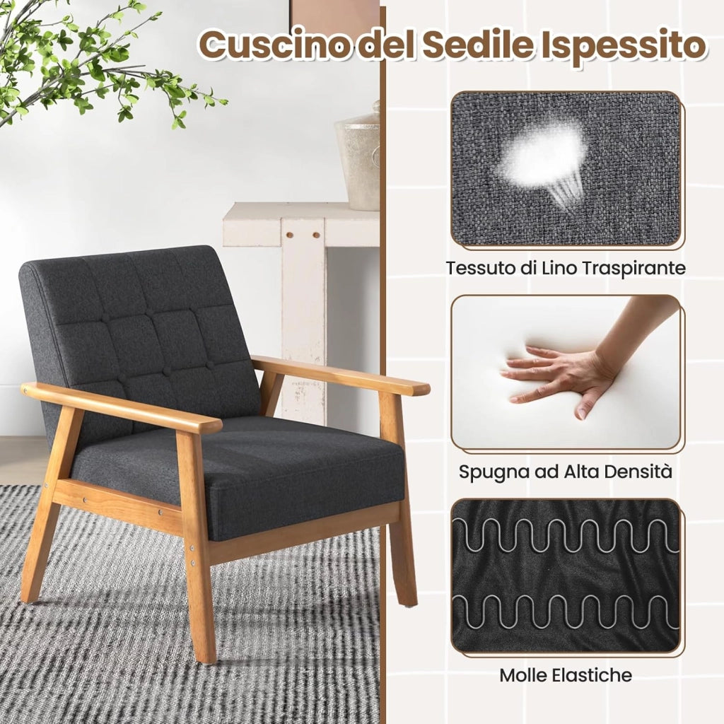 Poltrona Moderna, Sedia con Braccioli Imbottita e Rivestita in Lino Traspirante, Telaio in Legno Massiccio di Gomma, Sedia Divano Imbottita per Soggiorno, Camera da Letto, Studio