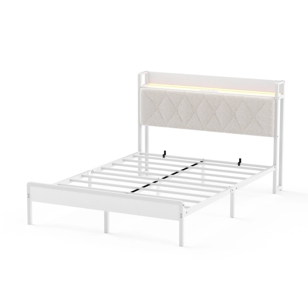 Letto imbottito 140x190 cm con testiera LED e USB in lino; acciaio e pannello truciolare bianco