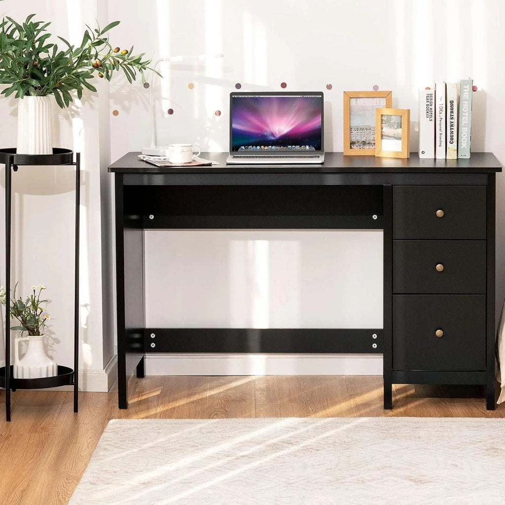 Scrivania per Computer con 3 Cassetti, Scrivania Salvaspazio con Dispositivo Antiribaltamento, Postazione di Lavoro Multifunzionale per Casa e Ufficio, 120 x 50 x 75 cm (Nero)
