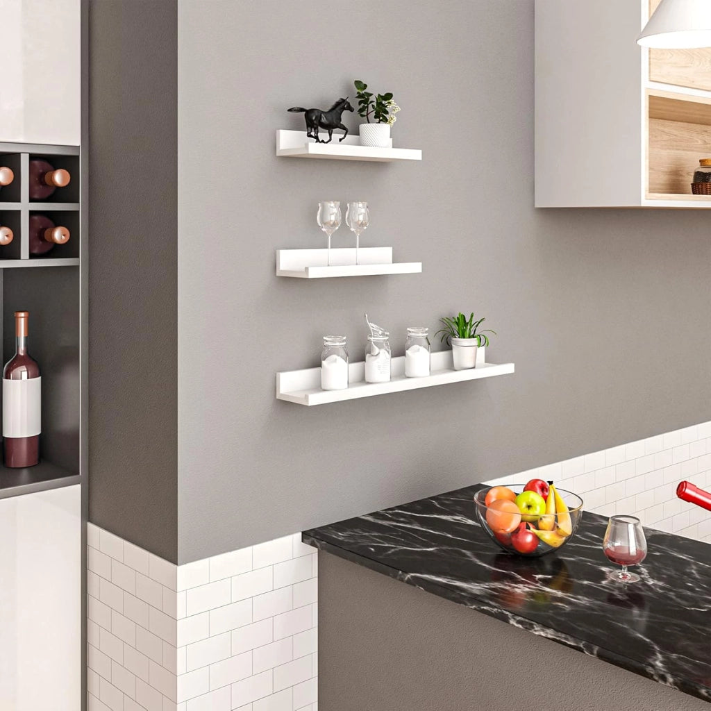 Set di 3 Mensola da Muro, Mensola Sospesa, Scaffale Parete in MDF per Soggiorno, Cucina, Camera da Letto, Ufficio, Bianco, RG9491ws2