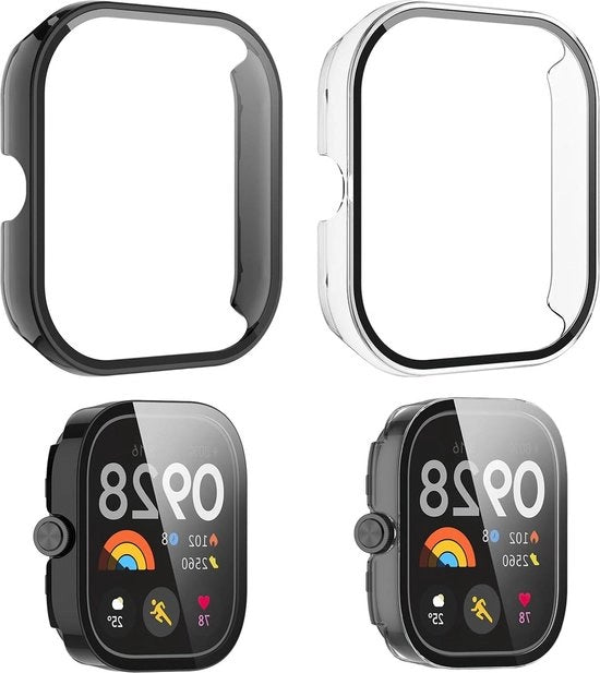 Casochiuta con copertura a 360 gradi compatibile con Xiaomi Redmi Watch 4 - PC con vetro temperato - resistente allo shock - trasparente e nero - protezione schermo HD.