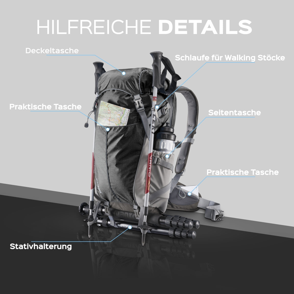 Mantona Elements Outdoor Zaino nero 2in1 per fotocamera e trekking, borsa fotografica con scomparti imbottiti per DSLR, drone, con supporto treppiede e copertura antipioggia